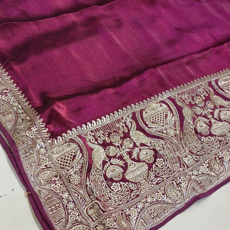 Wine Colour Zari Embroidary Saree