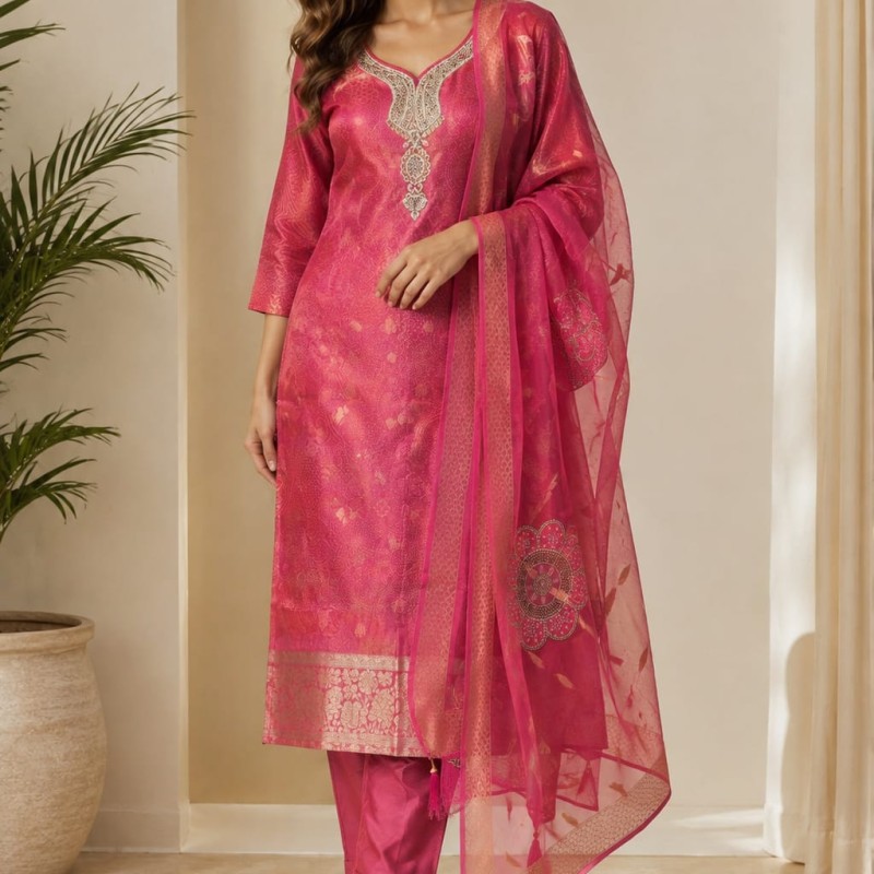 Hank work Kurti Set with Digital Print Dupatta