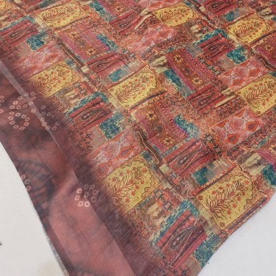 Elegant Brown Digital Print Saree with Satin Border – Modern Sophistication